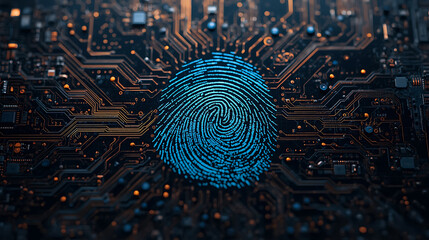Biometric fingerprint on a circuit board for digital security and data protection.