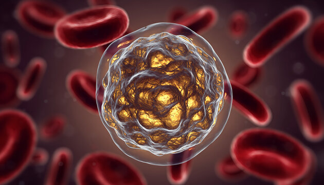 Cholesterol LDL particle in blood stream, close-up, medical illustration, health risk concept