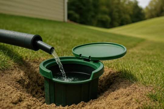 Water flows into a green drainage cleanout in a grassy yard.