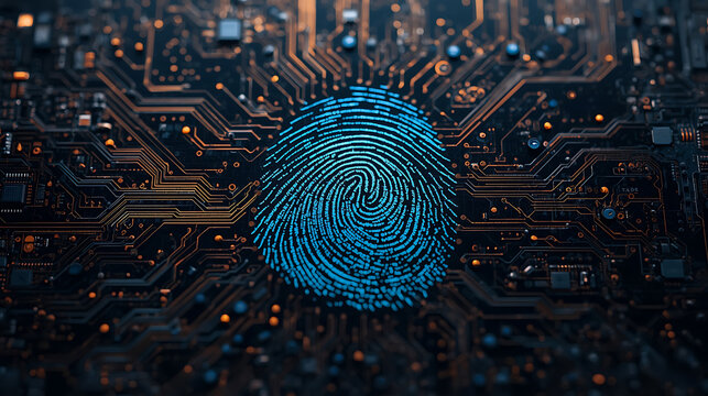Biometric fingerprint on a circuit board for digital security and data protection.