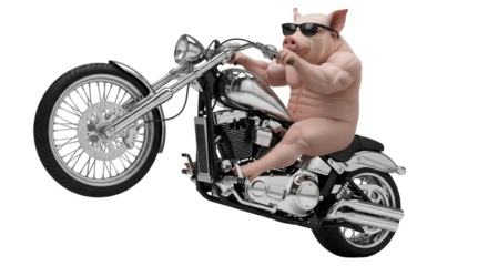 Hilarious muscle pig wearing shades riding a motorcycle, showing off a funny and unexpected anthropomorphic character on a cool bike