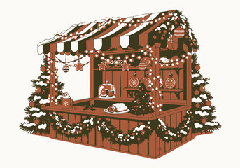 Festive Christmas Market Stall with Decorations and Treats Illustration.