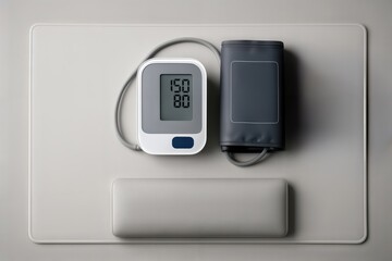 Digital blood pressure monitor with cuff showing a high reading. Space for text.