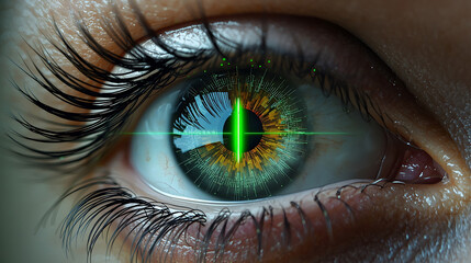 Human eye with advanced digital interface overlay, futuristic vision and data analysis.