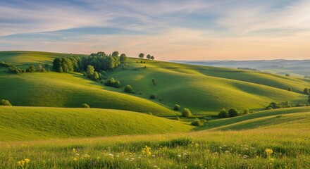 Obraz premium Rolling Green Hills Landscape at Sunset with Trees and Grassland, Serene Rural Scene.