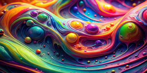 Bright swirls of paint in various colors blend together, creating a lively and mesmerizing abstract design. Bubbles add an interesting texture to this dynamic artwork
