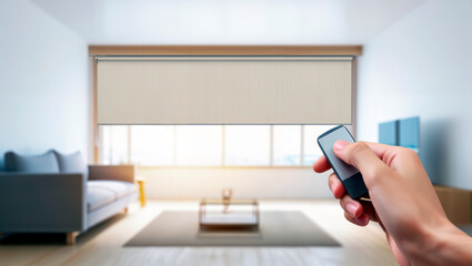 Hand with remote controlling motorized blinds in a modern smart home living room.