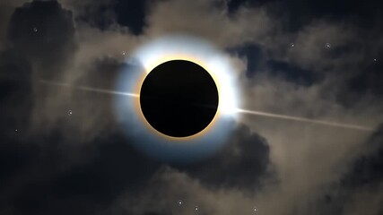 An animated total solar eclipse with the moon covering the sun. A glowing corona shines in a dark, cloudy sky with stars. Celestial astronomical phenomenon concept - Powered by Adobe