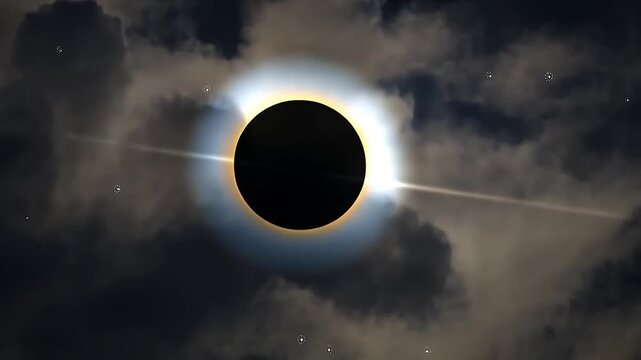 An animated total solar eclipse with the moon covering the sun. A glowing corona shines in a dark, cloudy sky with stars. Celestial astronomical phenomenon concept
