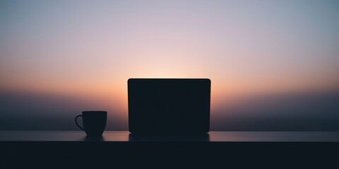 Sunrise laptop view with coffee cup on table creating a serene workspace atmosphere.