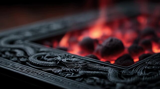 Close-up Shot of Tang Dynasty Dragon Pattern Brazier Burning