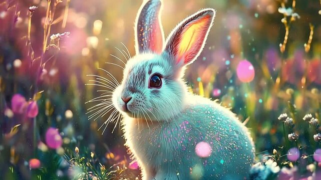 Cute baby rabbit with magical glitter in a sunlit spring meadow. Enchanted Easter bunny surrounded by flowers and sparkling lights. Fantasy animal animation