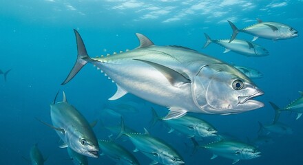 Fototapeta premium School of Tuna Fish Swimming in Blue Ocean Waters, Underwater View.