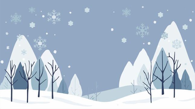 Vector template featuring a serene winter background with a flat design style, incorporating gentle snowflakes, bare trees, and a soft color palette