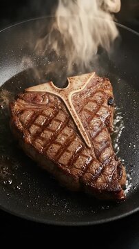 Juicy T Bone Steak Sizzles In Hot Pan Steam Rises Cinematic