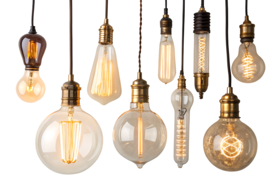 Retro incandescent bulbs of different shapes shining in warm light