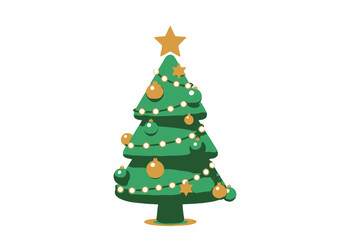 Festive Green Christmas Tree with Ornaments and Star Decoration.