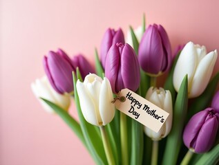 Bouquet of purple and white tulips with a happy mothers day tag