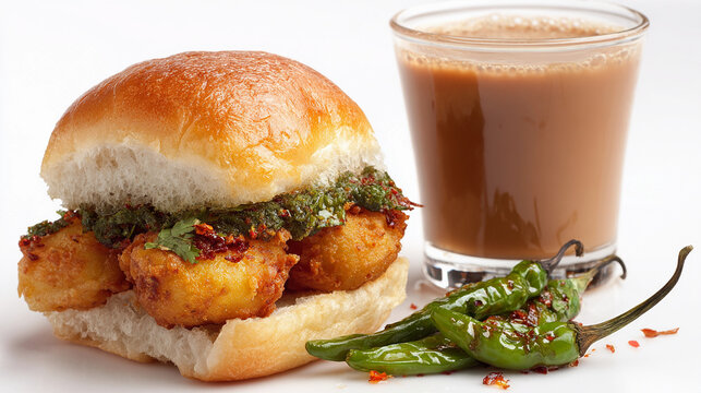 vada pav with tea glass isolated on white background 