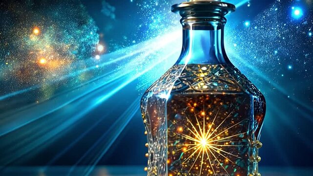 A magic potion in a glass bottle containing a swirling galaxy. Cosmic elixir with sparkling stars and glowing light. Fantasy and alchemy concept animation