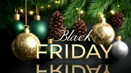Festive Christmas ornaments and pine cones adorn evergreen branches with twinkling lights, announcing a grand Black Friday sale with significant discounts for online shopping events.