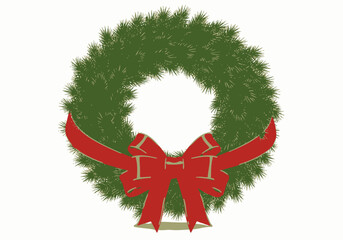 Festive green Christmas wreath with a prominent red bow illustrated in a simple traditional style.