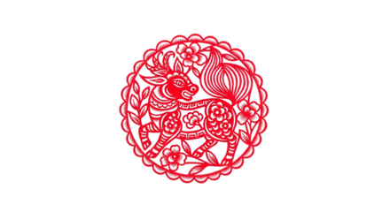Festive red paper cut of a Year of the Ox symbol with traditional floral elements for Chinese New Year celebrations bringing luck and prosperity