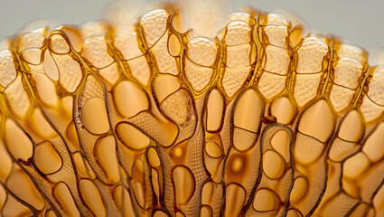 This close-up view displays the elaborate patterns and textures of a honeycomb, showcasing the rich amber colors and unique cell structures illuminated by sunlight