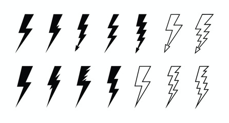 Collection of lightning bolt illustrations in solid black and outline style
