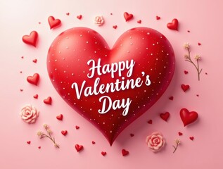 Red heart with happy valentines day text and pink roses on pink background