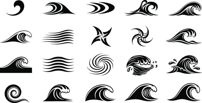 Collection of black and white wave designs for logos and tattoos