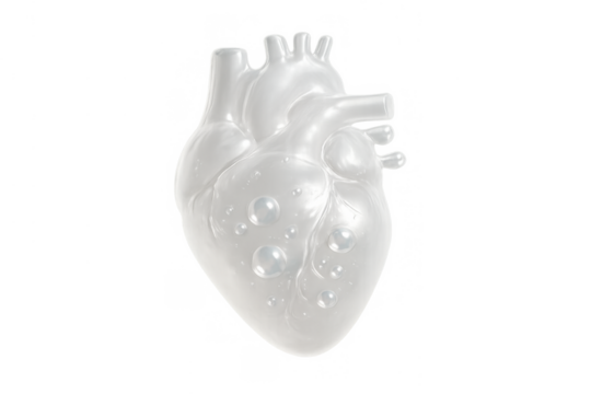 Human heart model featuring clear white liquid and bubbles representing health, purity, and medical science concept on a transparent background
