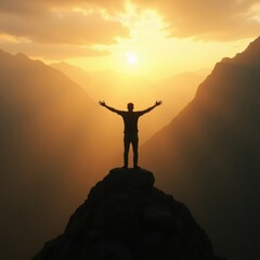 Silhouette of a person with arms outstretched on a mountain peak at sunset