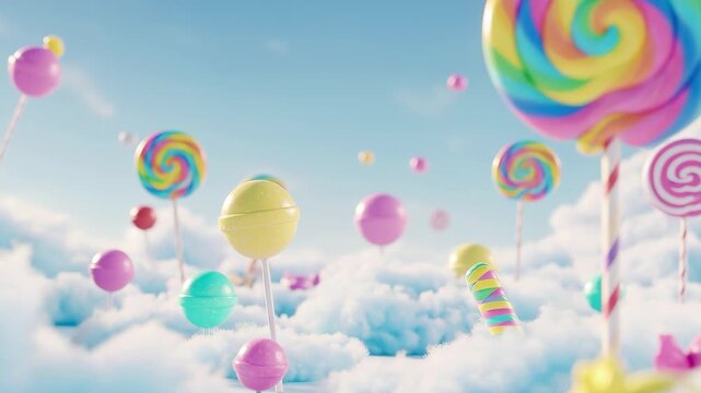 Vibrant rainbow lollipop floats dreamily in fluffy clouds, inspiring joy and imagination 4k high quality footage