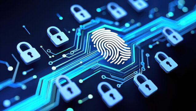 Glowing fingerprint on circuit board with padlocks for cybersecurity concept.
