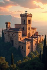 Historic italian castle bathed in golden sunset light on a hilltop