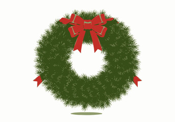 Festive green Christmas wreath with a vibrant red bow and gold accents handdrawn style.