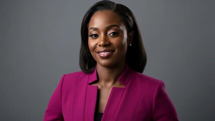 Professional woman expressing surprise and delight in reaction sequence against gray background