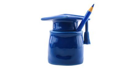A glossy blue ceramic container shaped like a graduation cap with a matching pencil