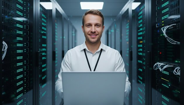 A smiling IT engineer works confidently on a laptop inside a high-tech data center, surrounded by server racks—symbolizing technology, cybersecurity, and modern digital