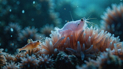 A painting depicting life underwater. Rich in plant and animal life. Beautiful light and great detail.