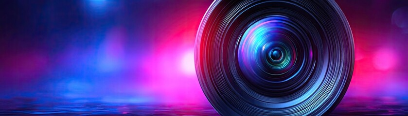News studio blurred behind video camera concept. Close-up of a camera lens with vibrant colored lights in background.