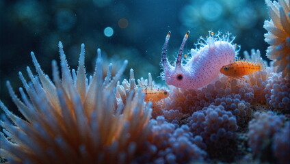 A painting depicting life underwater. Rich in plant and animal life. Beautiful light and great detail.