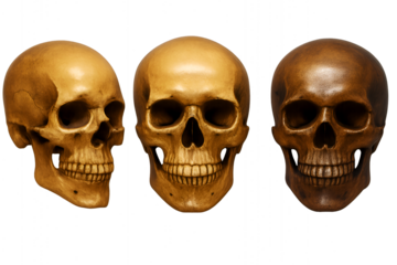 Striking skull trio for Halloween designs, macabre art projects, anatomical studies, and gothic themes, offering a unique and eerie aesthetic