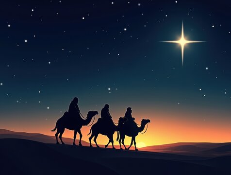 Three wise men on camels following the star of bethlehem at night