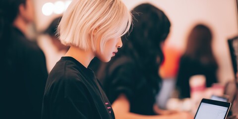 Engaged woman working on a laptop in a busy cafe during an afternoon meet-up.