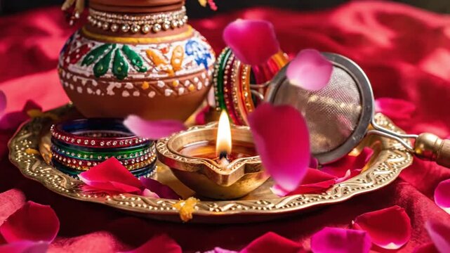 Karva Chauth Pooja Thali Ritual Items Diya Bangles Pot Falling Petals