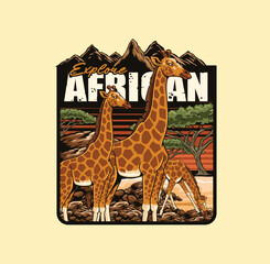 Giraffe illustration with retro style details capturing African nature for logo badge