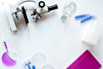 doctor workplace with microscope at lab top view
