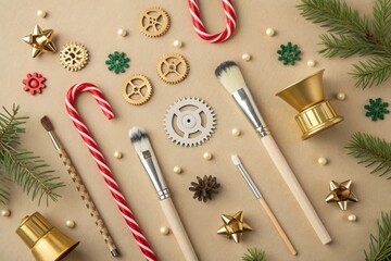 A flatlay of makeup brushes toys and candy arranged in workshop scene
